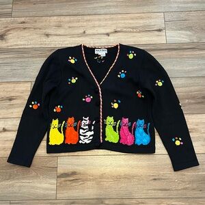 Jack B Quick Cat Cardigan Sweater MEDIUM Black Button Up Multicolor Funky Knit